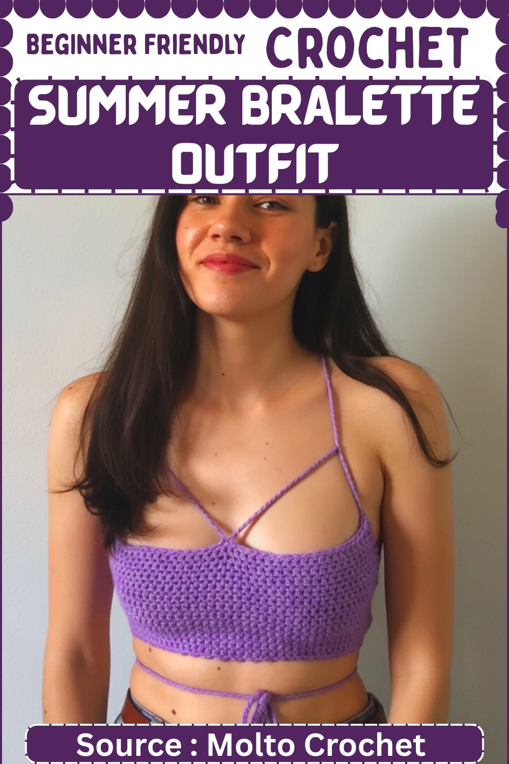 Pinterest pin graphic for a beginner-friendly crochet summer bralette outfit in purple, with cross-front halter straps and a waist tie, sourced from Molto Crochet 
