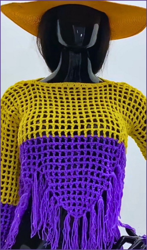 Mannequin wearing a two-color crochet mesh top in yellow and purple with long fringe at the hem, on a hat-topped display
