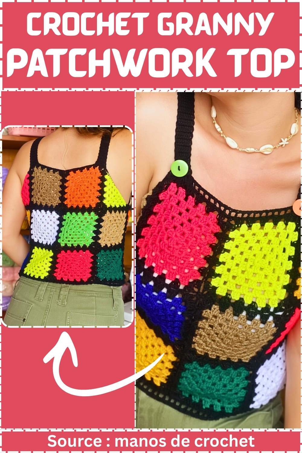 crochet granny patchwork top showing front and back views of the multicolor granny square crop top with button straps, sourced from manos de crochet 