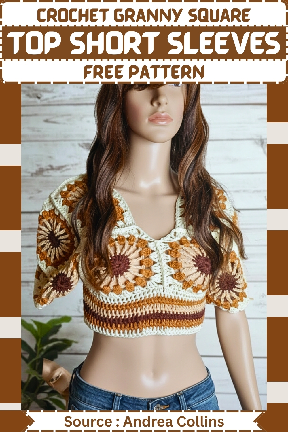 Short-sleeved sunburst granny square crochet top in warm brown tones, shown on a mannequin with denim 