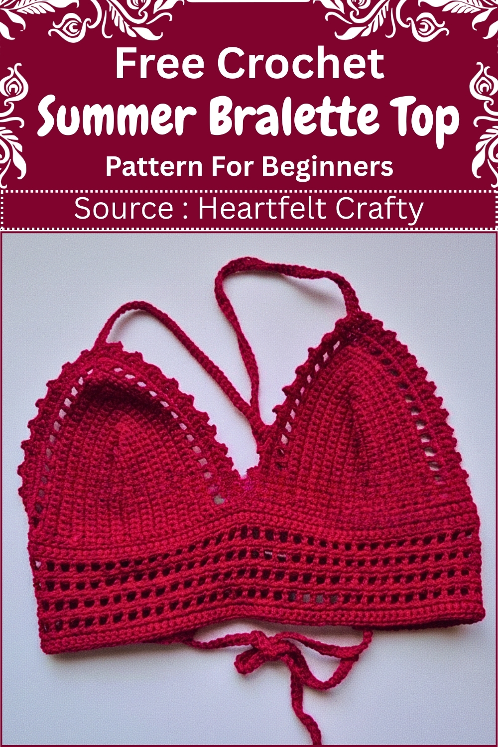 crochet bralette with triangle cups and mesh band laid flat, text reads Free Crochet Summer Bralette Top Pattern For Beginners, source Heartfelt Crafty 