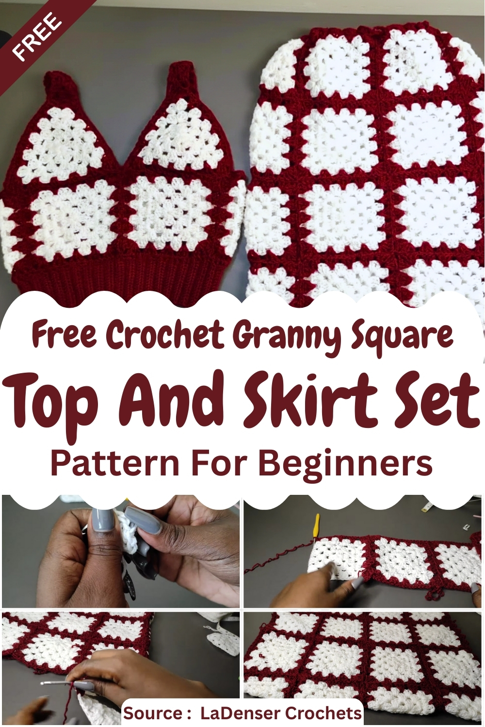 Red and white granny square crochet top and skirt set shown together, with the gingham-style checkerboard motif 