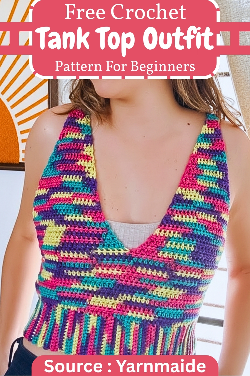 Rainbow self-striping crochet tank top with a deep V-neck, shown on a model