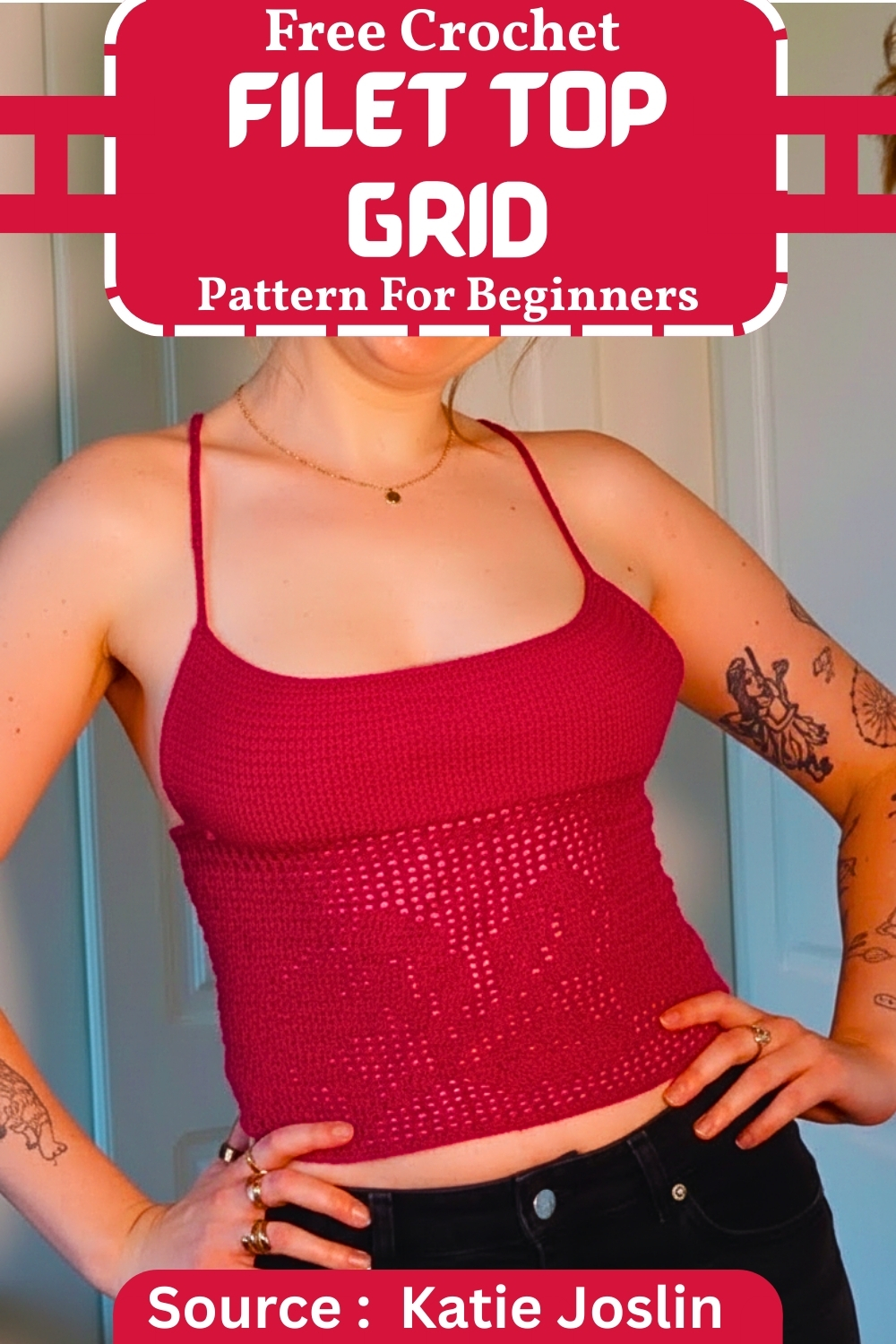 Pinterest pin for a free crochet filet top grid pattern for beginners, showing the red mixed-construction crop top with a solid bust and open filet lower panel, sourced from Katie Joslin. 