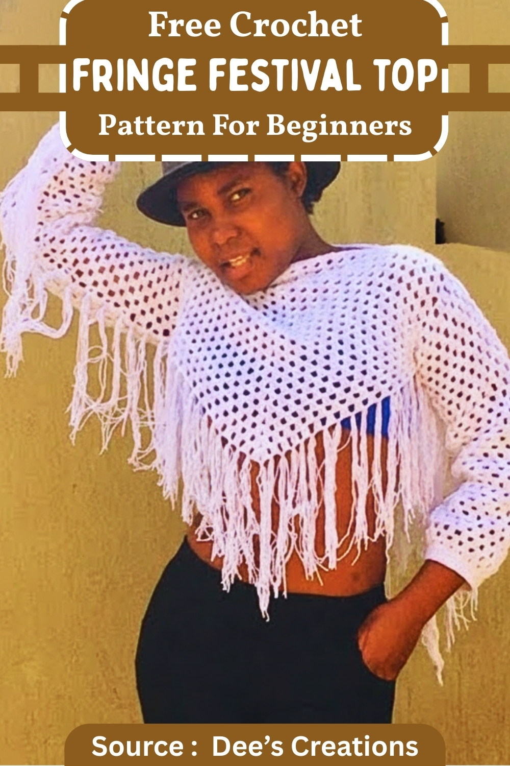 Pinterest graphic reading Free Crochet Fringe Festival Top Pattern For Beginners, source Dee's Creations, showing a woman in a white mesh crochet top with long V-fringe hem and long sleeves 