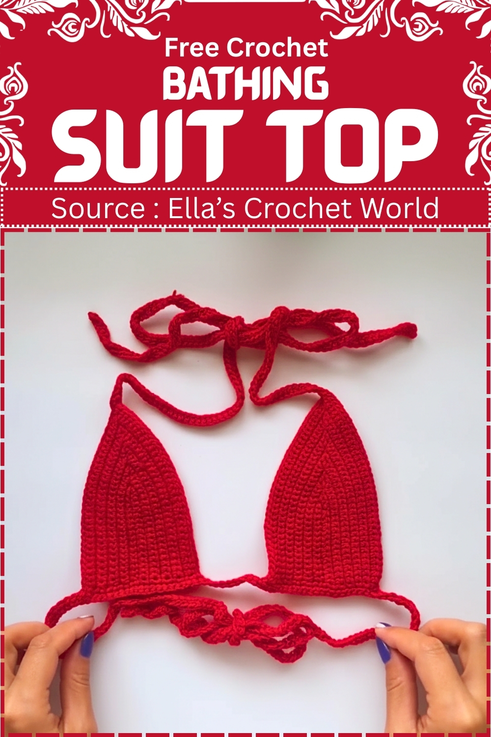 free crochet bathing suit top pattern, showing the finished red triangle bikini top with ties. 