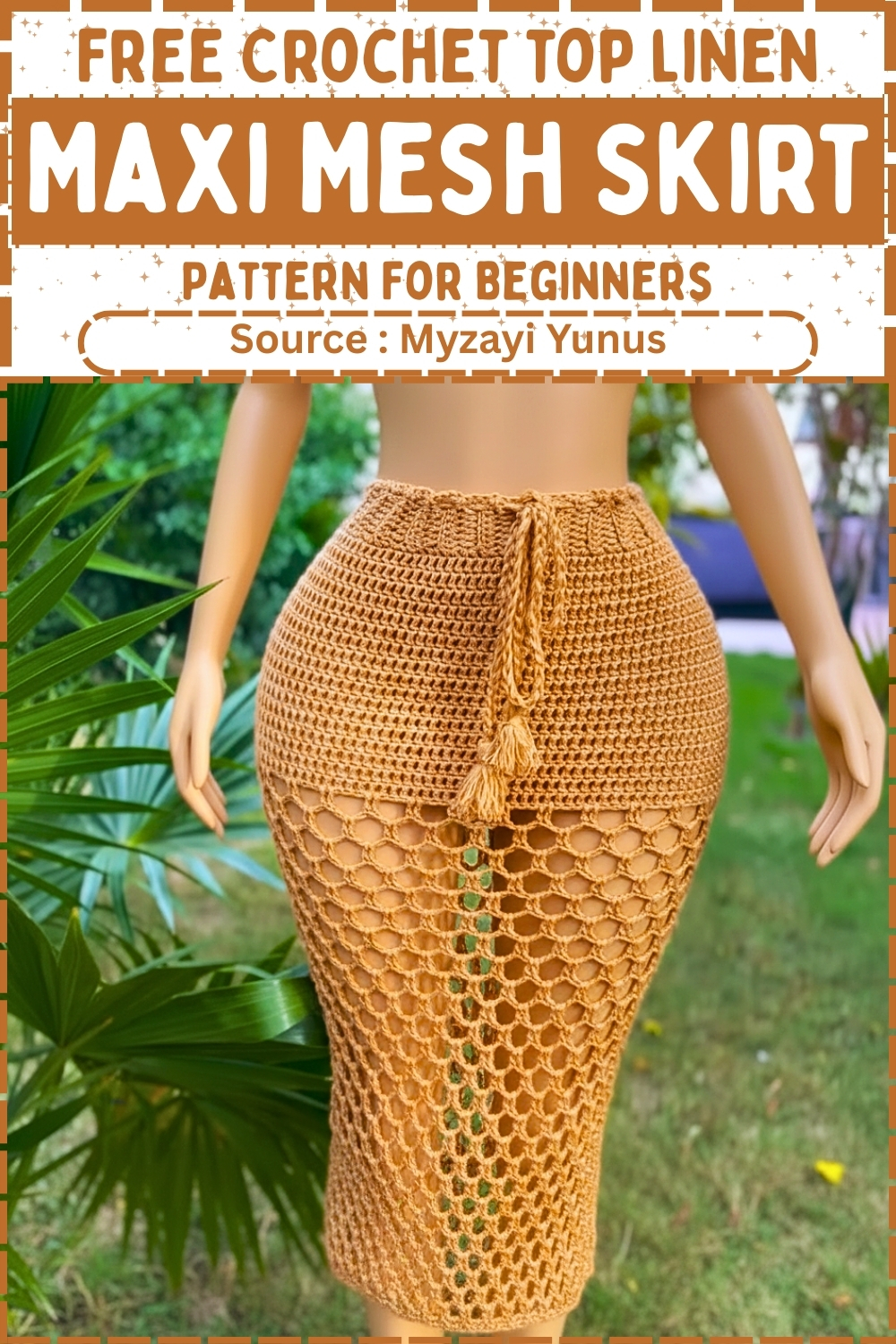Pinterest pin showing a golden crochet mesh skirt with a solid waistband and honeycomb open body on a mannequin, source Myzayi Yunus