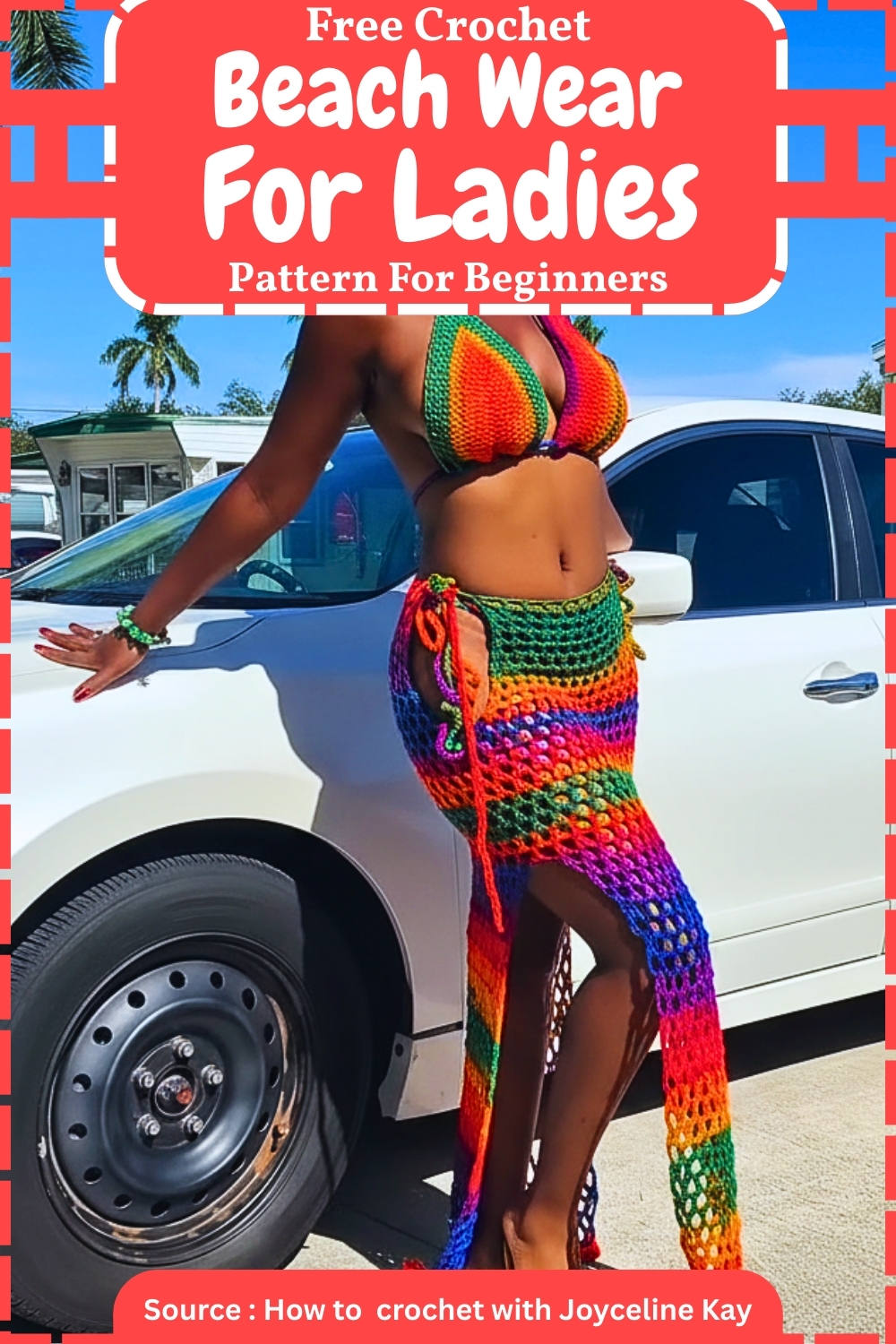 Free crochet rainbow beach wear pattern pin, bikini and mesh skirt set 