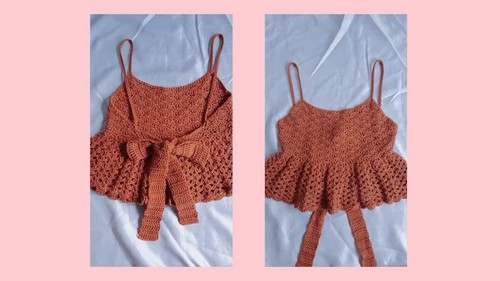 Rust brown crochet peplum top shown in two flat lay views — one with bow tied at waist, one without