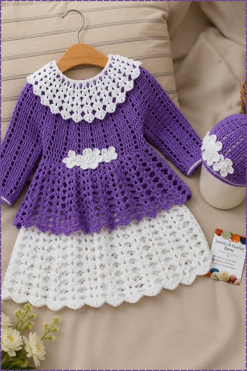 Full view of the finished purple crochet baby dress with white lacy collar and skirt panel on a hanger, with matching hat and business card beside it on a beige pillow.