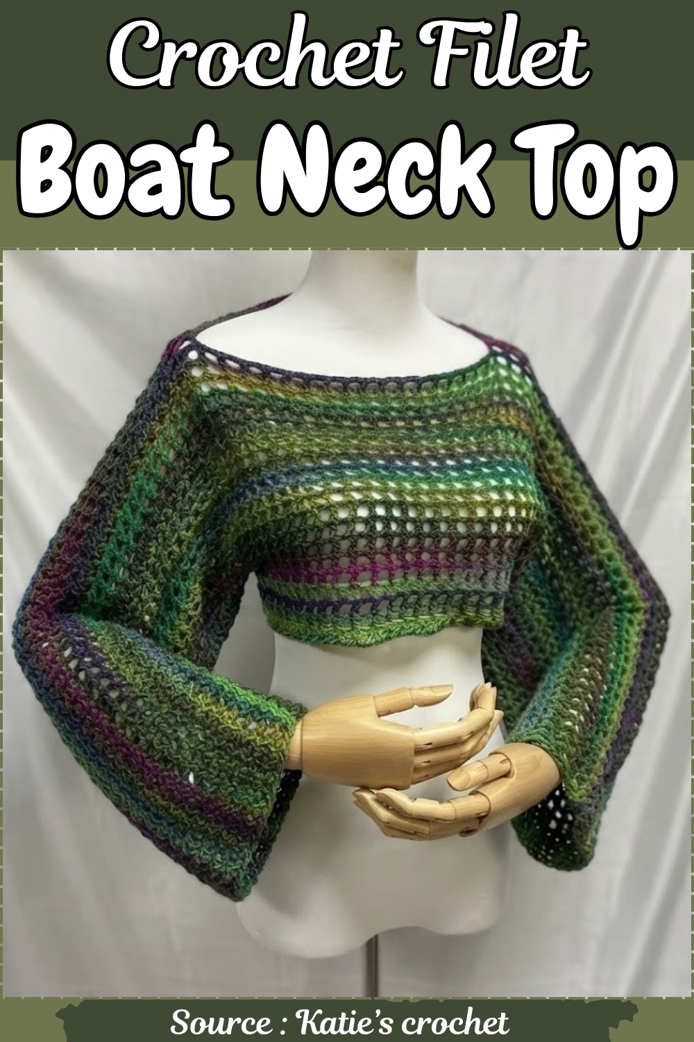 Multicolor variegated filet crochet crop top with a boat neckline and wide bell sleeves on a dress form with the pattern title above.