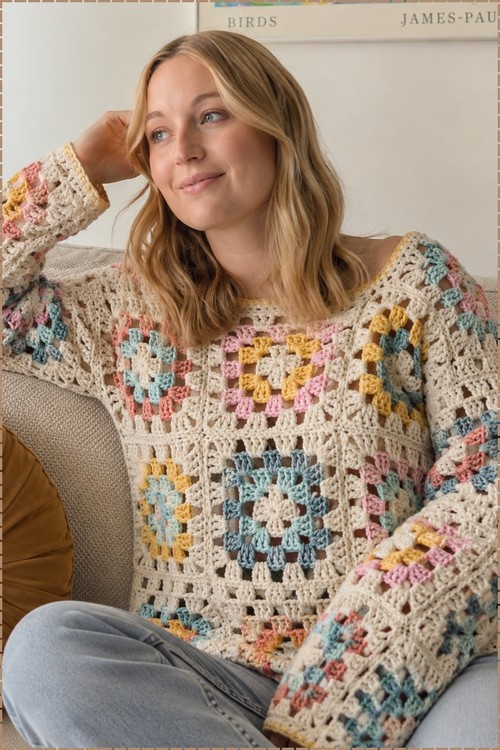 Woman wearing an oversized cream crochet granny square sweater with pastel pink, blue, and yellow motifs over jeans on a sofa.