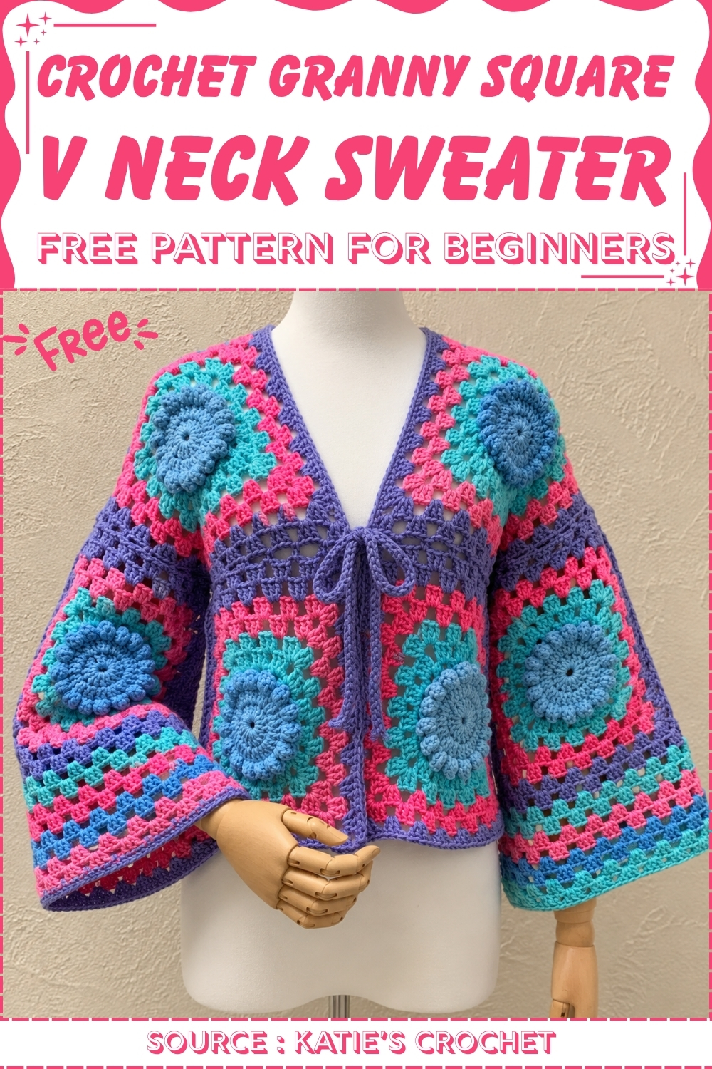 Multicolor granny square crochet cardigan in purple, pink, and teal with a v neckline and tie front shown on a dress form with the pattern title above.