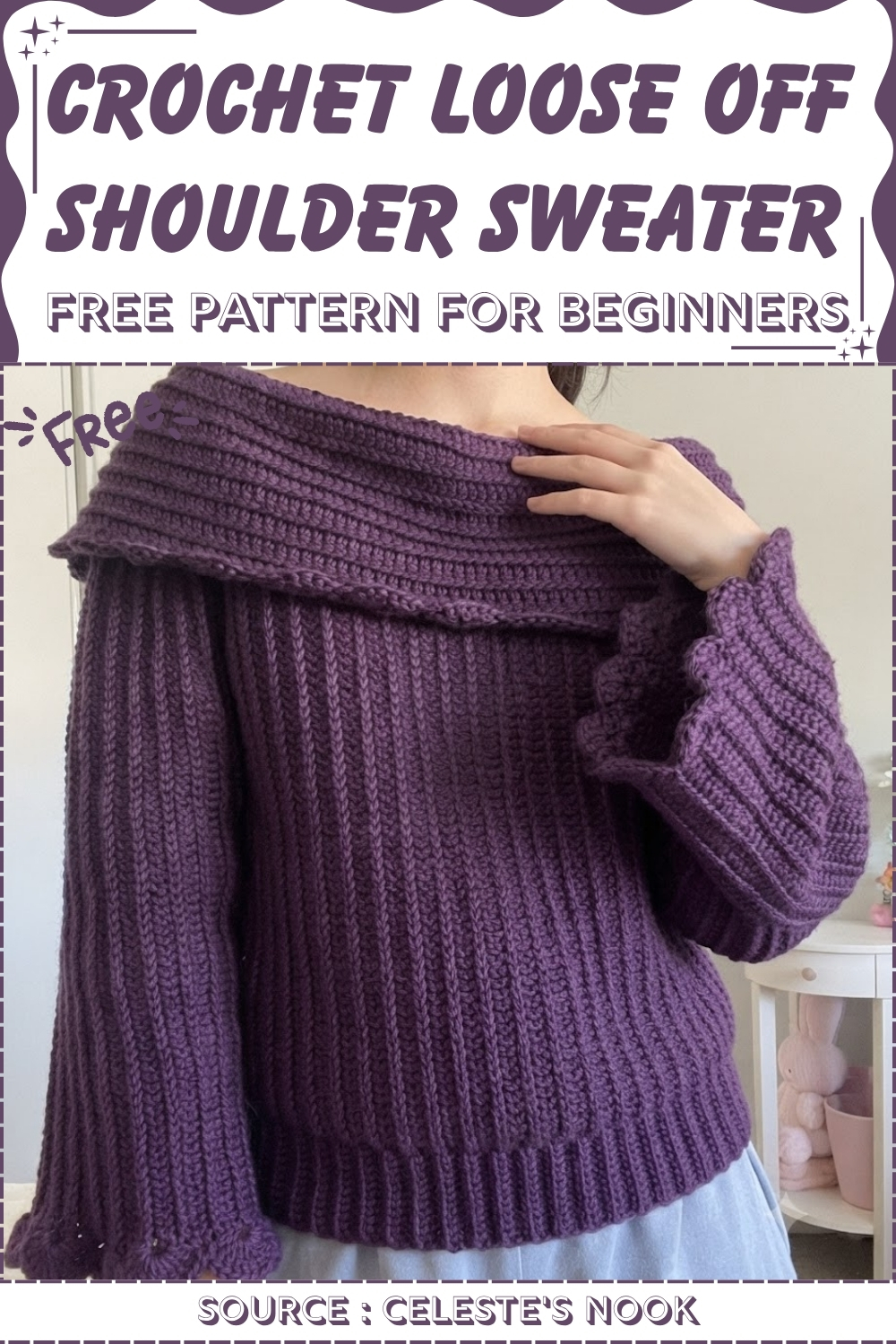 Purple crochet loose off shoulder sweater with a wide fold-over ribbed collar, side view