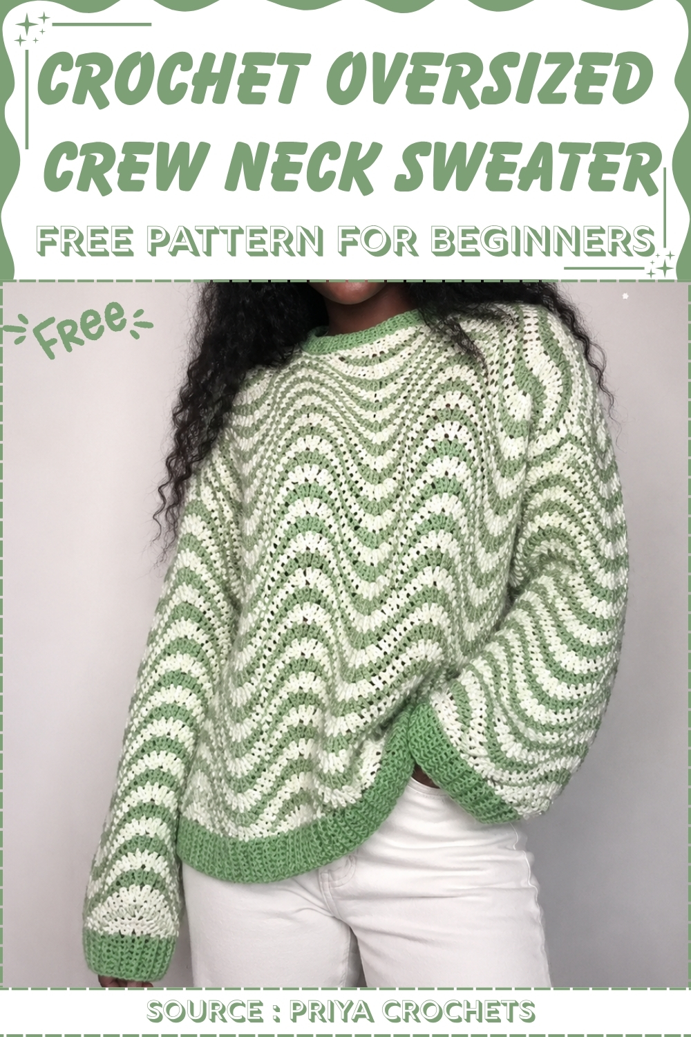 Oversized crochet crew neck sweater in green and cream chevron ripple stripes, three quarter view