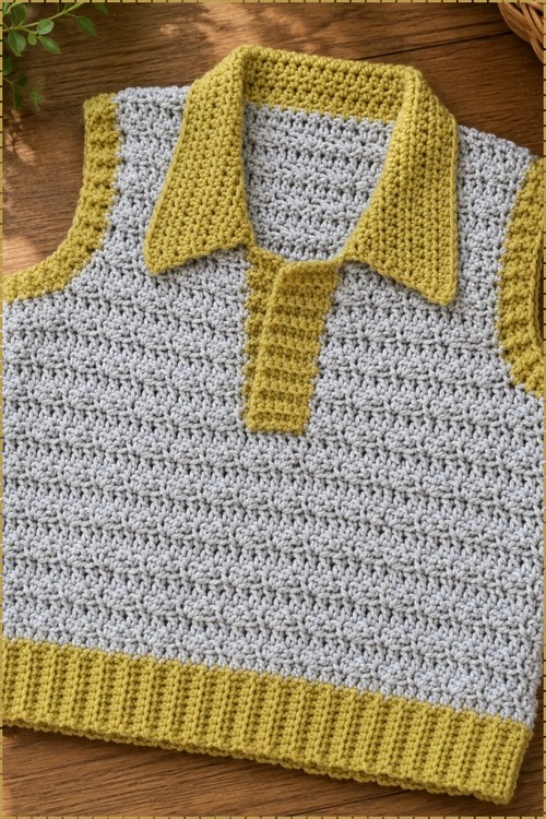 Close up of the finished crochet sweater vest collar detail showing the polo style collar and centre front placket in mustard yellow against the grey body.