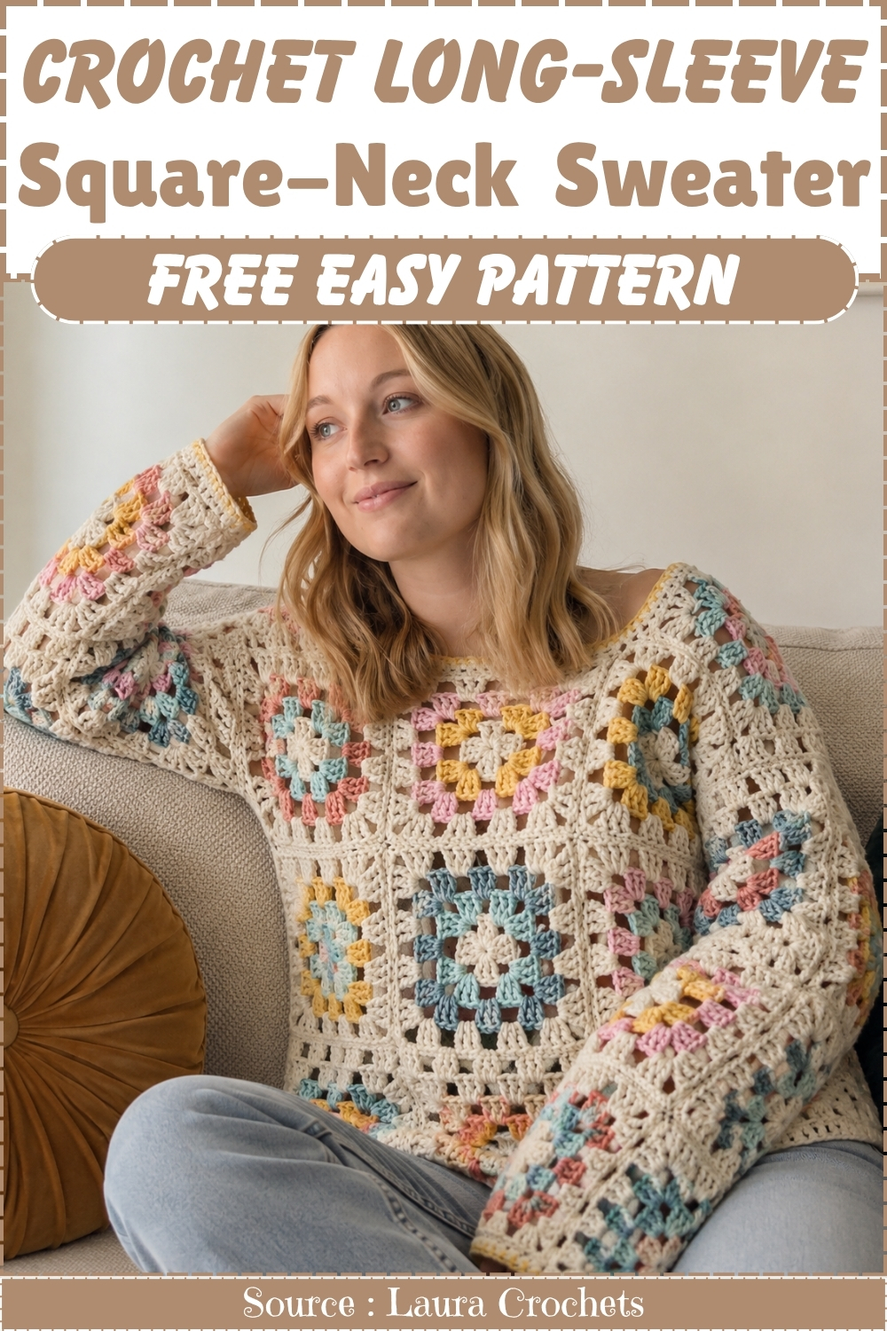 Cream granny square crochet sweater with pastel pink, blue, and yellow motifs shown on a model seated on a sofa with the pattern title above.