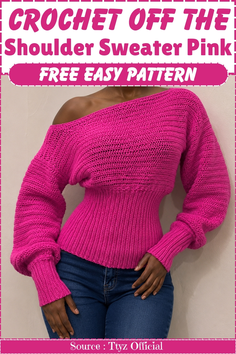 Pink crochet off the shoulder sweater with an open lace upper body and ribbed waist band worn over blue jeans