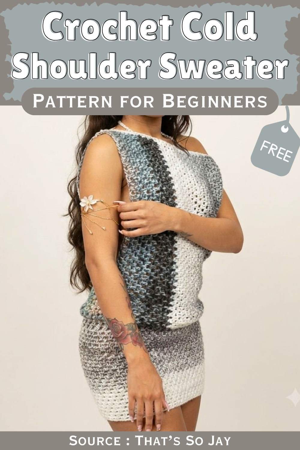 Crochet cold shoulder sweater pattern pin showing a model in a two piece set with a vertical color block top and matching mini skirt in white grey and dark teal.