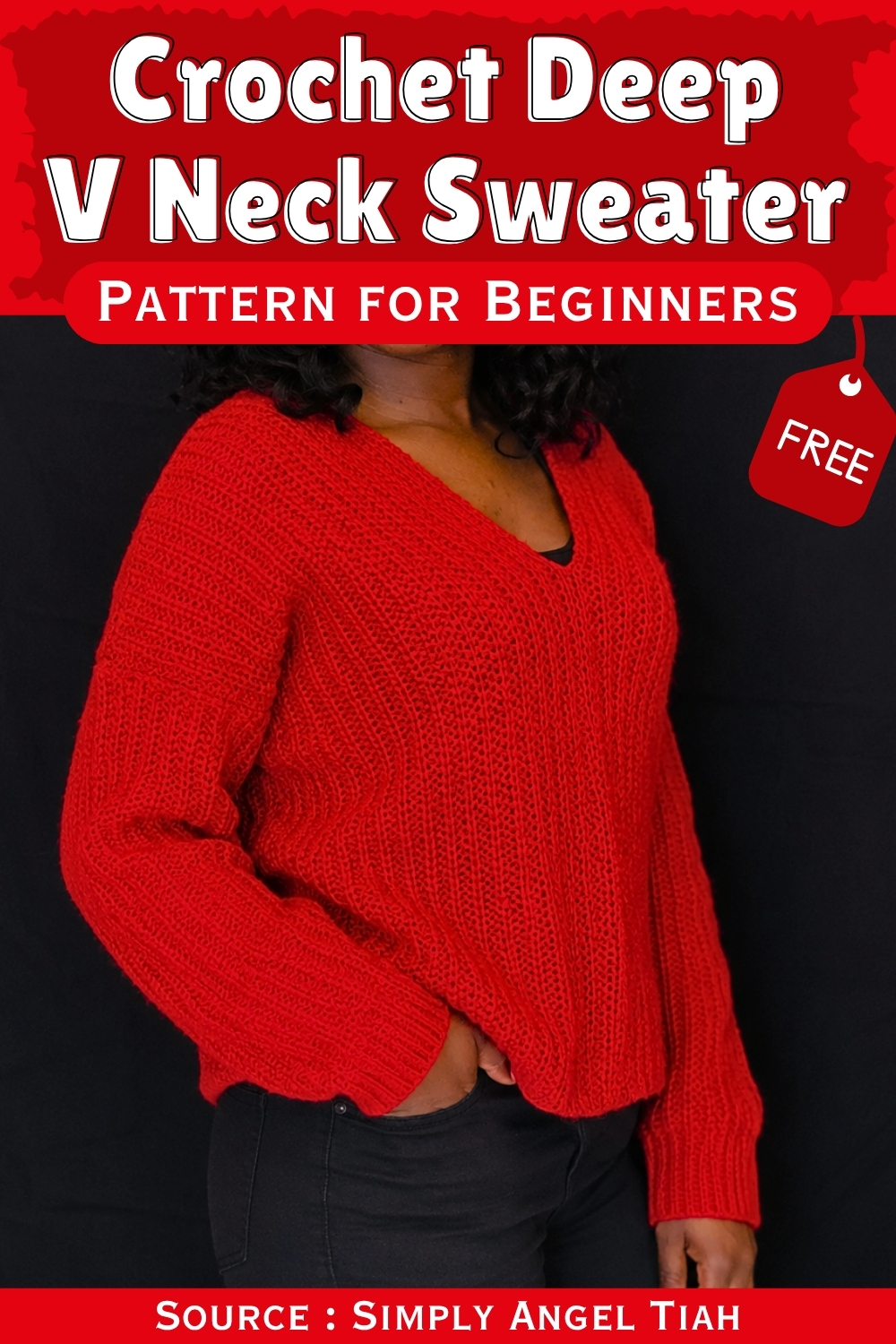 Red crochet deep v neck sweater shown on a model from the front with the pattern title displayed above.