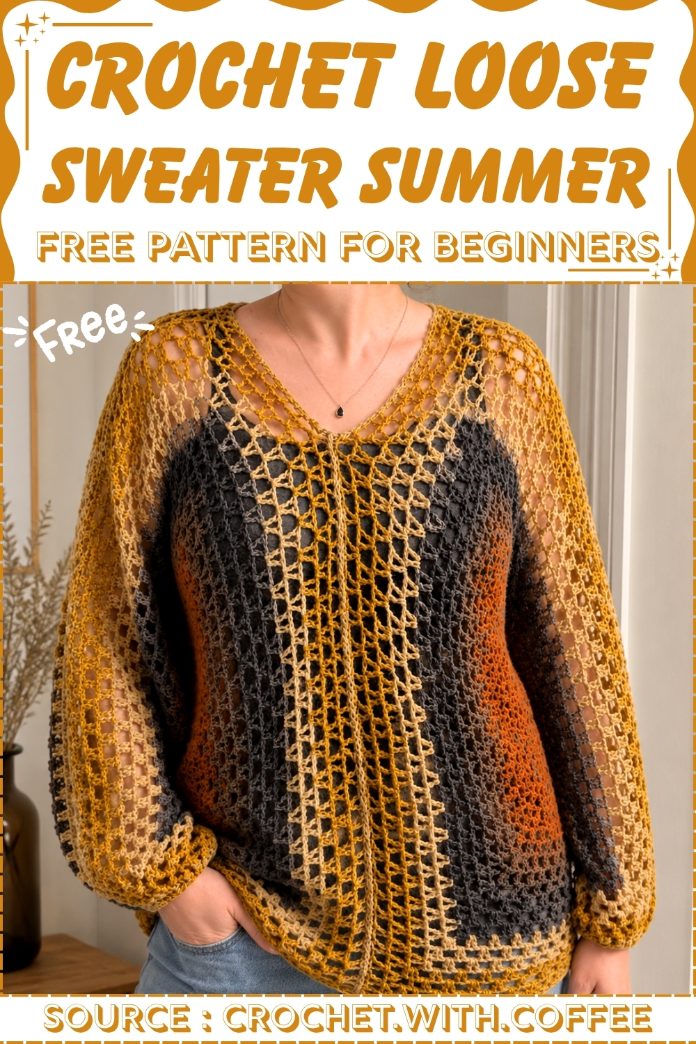 Crochet Loose Sweater Summer free pattern for beginners, source credited to Crochet.With.Coffee