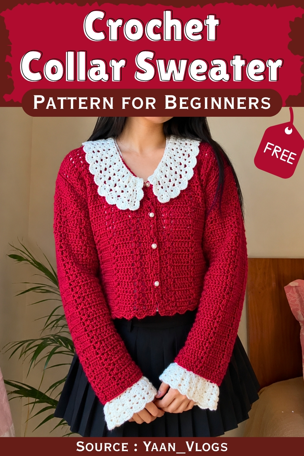 Woman wearing a red crochet collar cardigan with a white peter pan collar, matching white cuff trim, pearl buttons down the front and a scalloped hem, paired with a black pleated skirt