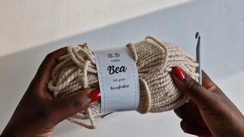Hands holding a cream skein of Bea yarn with a white label and a crochet hook tucked alongside it.