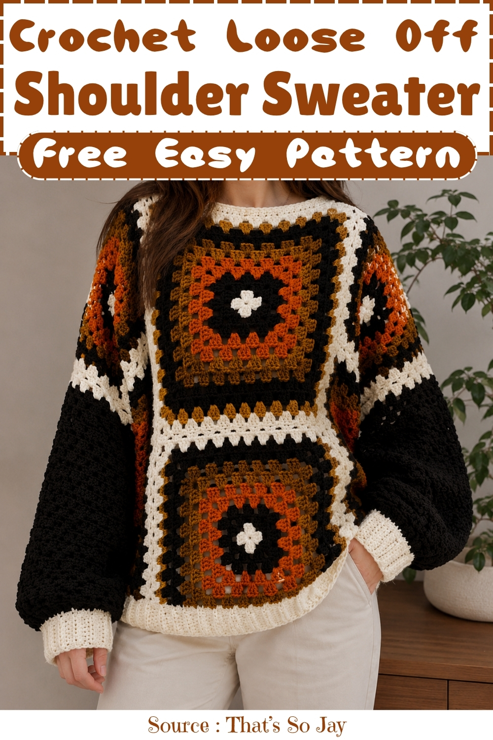 Crochet Loose Off Shoulder Sweater free easy pattern, source credited to That's So Jay