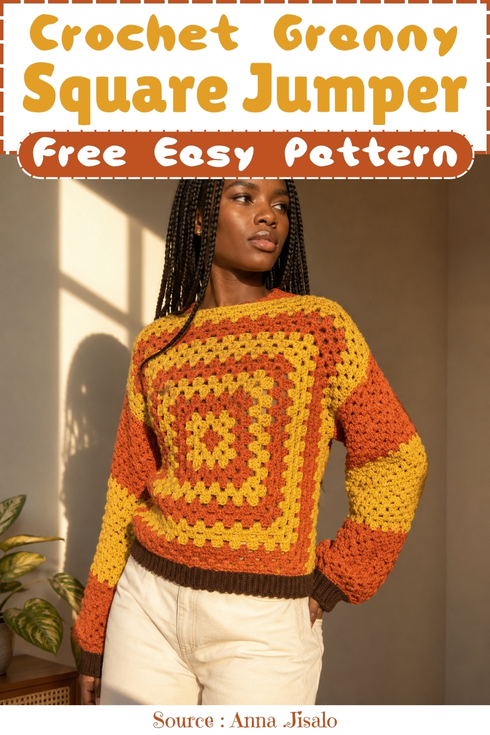 Styled pin graphic for a free easy crochet granny square jumper pattern featuring an orange and yellow giant square pullover sweater