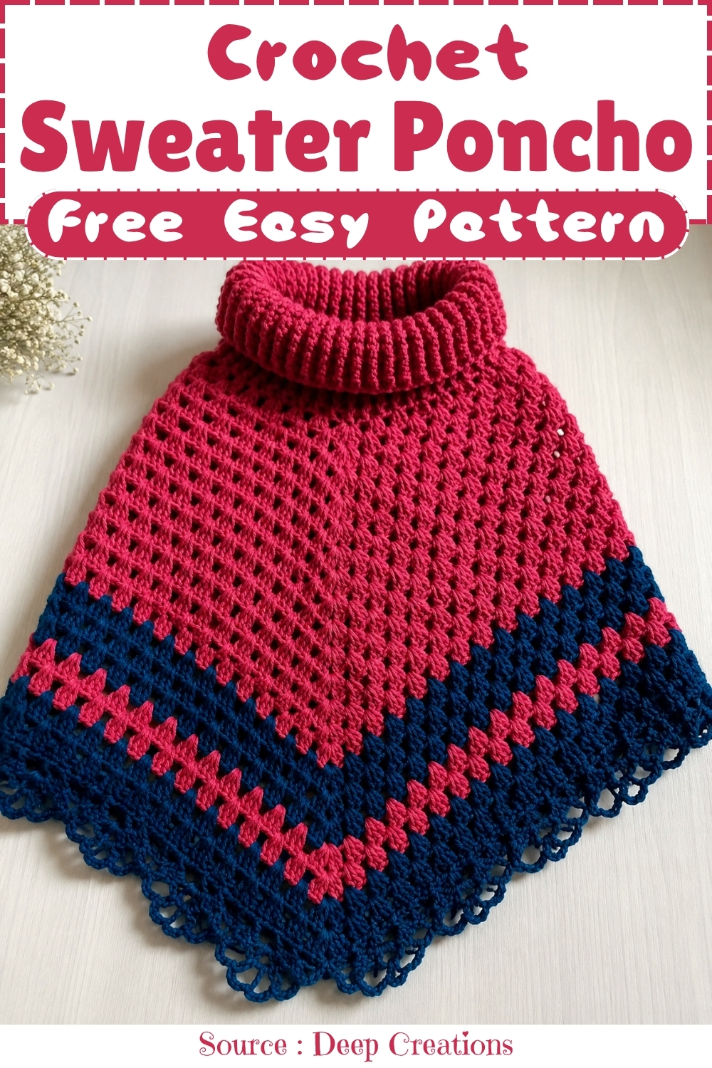 Red and navy crochet sweater poncho with a ribbed turtleneck collar and scallop shell border laid flat on a white surface, titled free easy pattern