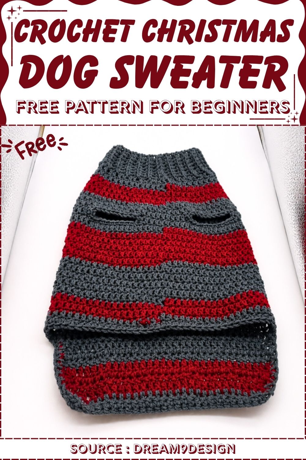 Grey and red striped crochet dog sweater laid flat, showing the ribbed roll collar, two leg openings and the rounded back panel